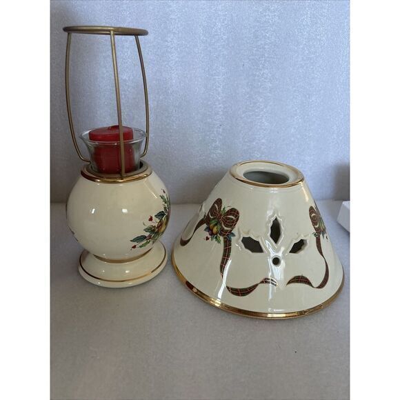 Lenox Holiday Tartan Candle Lamp Holly Leaves Gold Rim Christmas Gift 6238752 - Picture 4 of 9